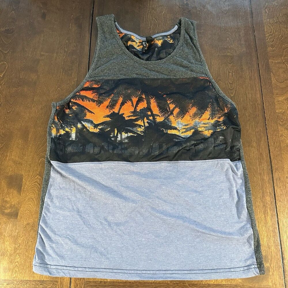 Distortion Mens Blue Gray Mesh Panel Cotton Tank Top Sleeveless Shirt Size Large